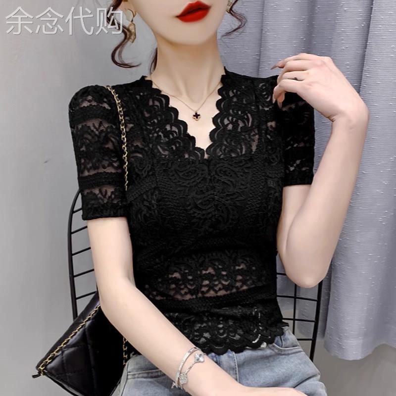 黑色V领短袖T恤女夏季2026新款薄修身设计感镂空蕾丝小衫半袖上衣