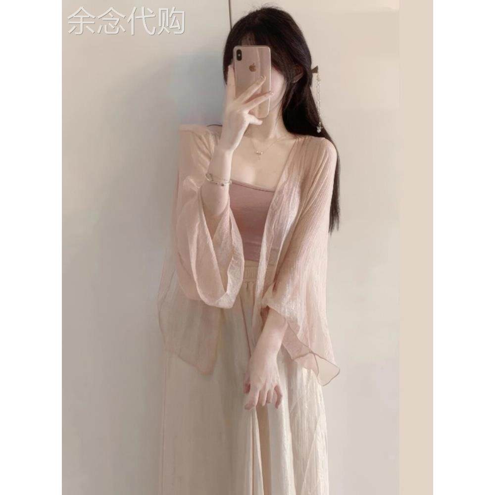 新中式时尚女装夏季新风格温柔风格雪纺遮阳开衫吊带阔腿裤三件套