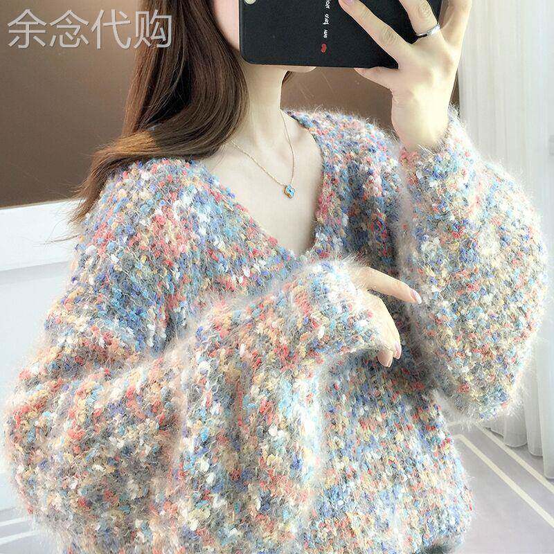 毛衣女春秋2025新款宽松外穿慵懒风设计感小众v领针织衫短款上衣