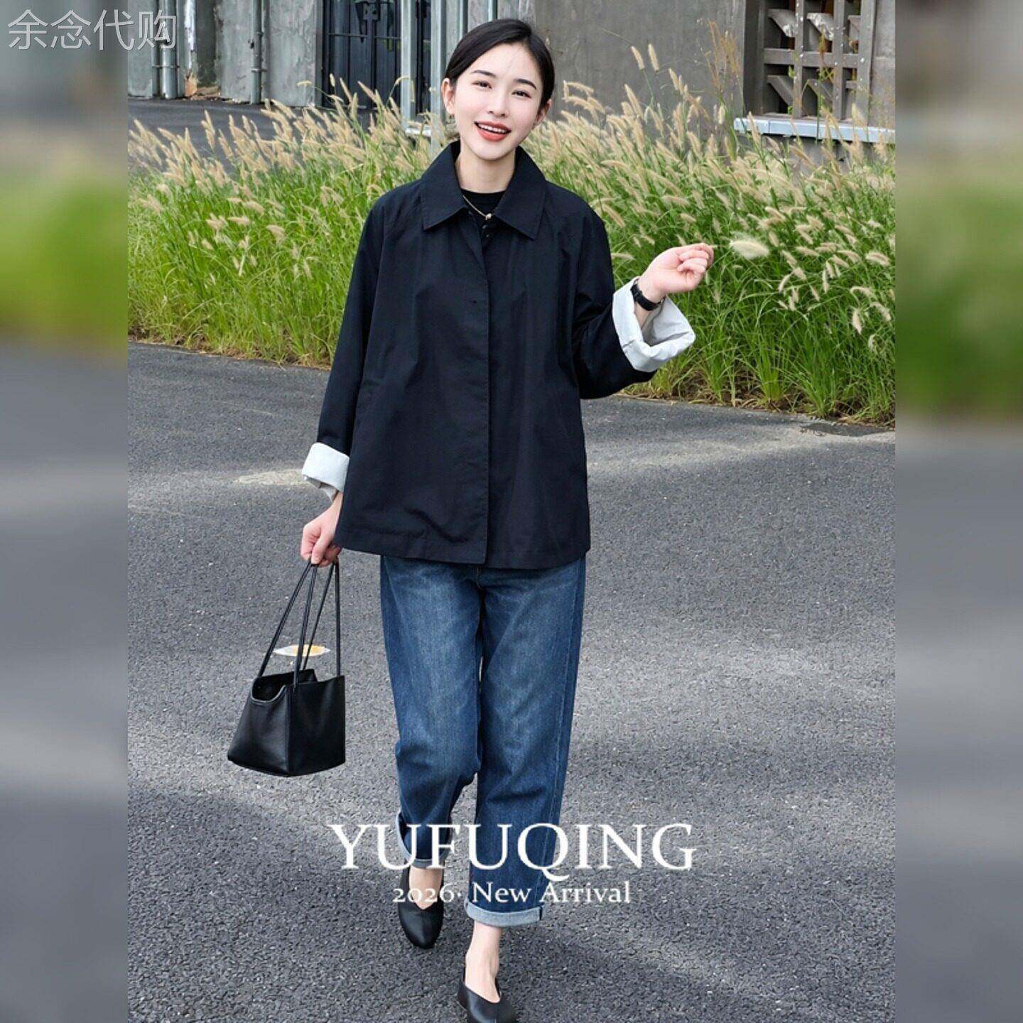 黑色短款外套女长袖翻领宽松休闲韩系通勤百搭早秋女士设计感上衣
