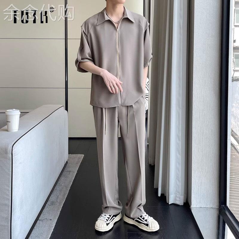 冰丝休闲套装男夏季高级感时尚纯色翻领短袖衬衫男装搭配一套帅气