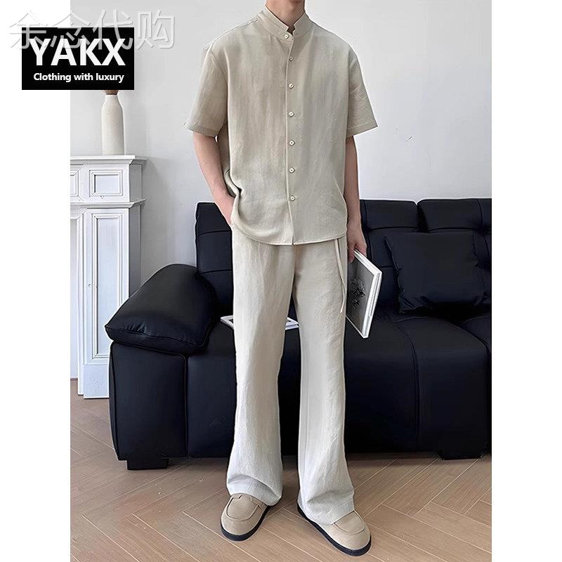 老钱风亚麻短袖衬衫套装男士夏季新中式国风男装松弛感穿搭一整套