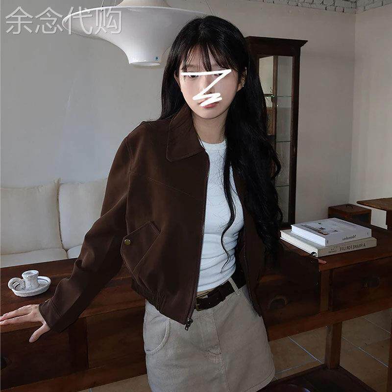 韩国chic秋季欧货法式复古风翻领口袋宽松百搭短款长袖夹克外套女