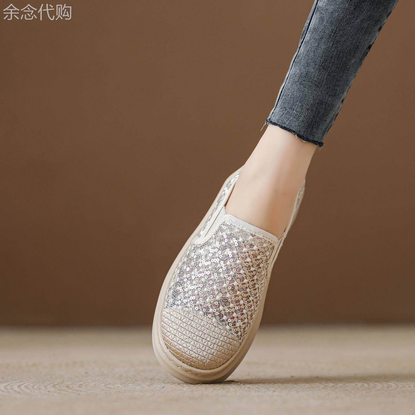 西班牙小众品牌ONGYSL水钻平底渔夫鞋女厚底休闲乐福鞋一脚蹬单鞋