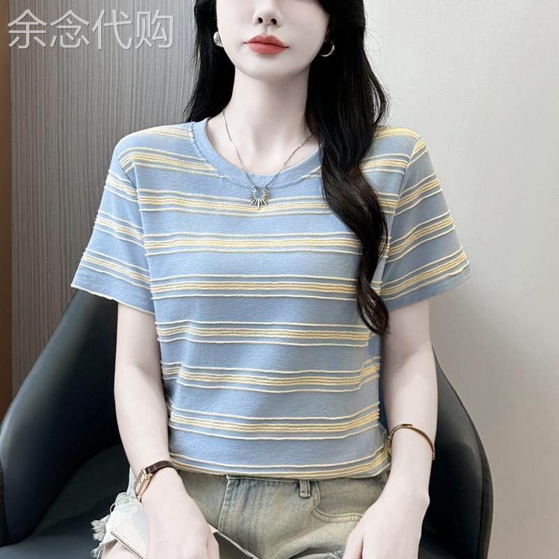 撞色条纹短袖T恤女士夏季薄款2025新款宽松显瘦体恤休闲半袖上衣
