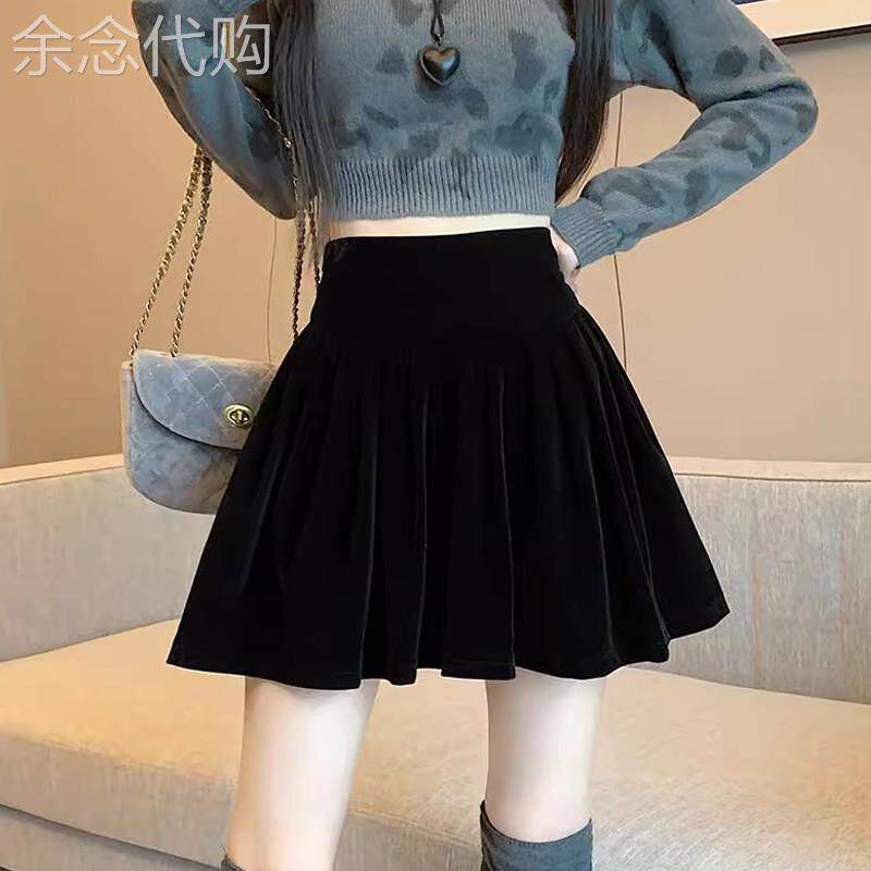 金丝绒蓬蓬半身裙黑色百褶裙女春秋小个子高腰显瘦a字蛋糕短裙