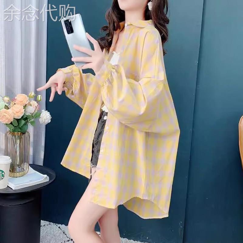 轻薄纯棉格子衬衫女夏季新款宽松大尺码抗UV开衫长袖防晒衣外套