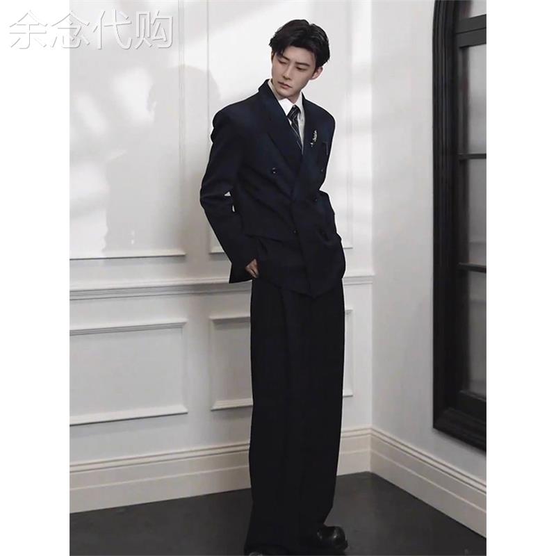 轻奢枪驳领垫肩西装2026春季英伦雅痞风男装高级感双排扣西服套装