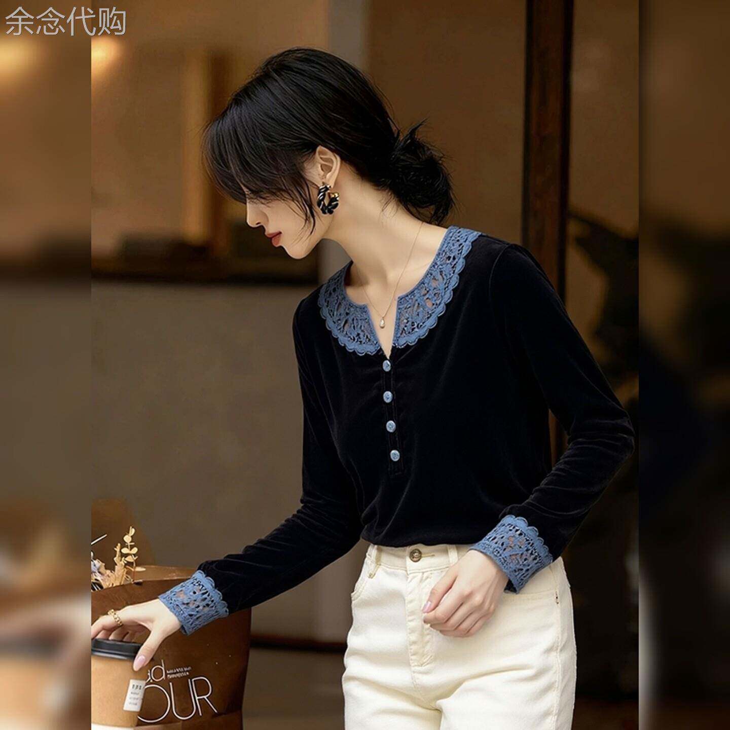法式气质黑色蕾丝拼接丝绒打底衫女2026春季新款洋派独特小衫上衣