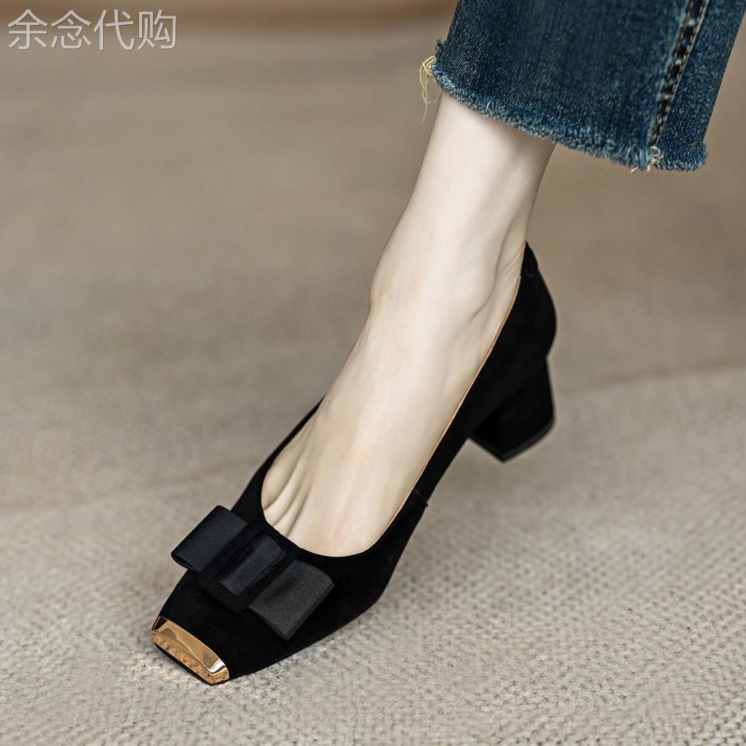 MENEER-M 2026新款真皮复古蝴蝶结金属粗跟方头鞋女浅口高跟鞋