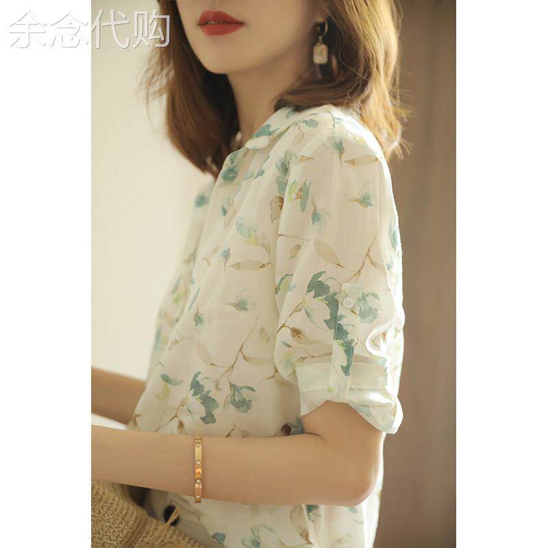天丝碎花衬衫女夏季2026年新款显瘦宽松气质V领高端苧麻五分袖衬