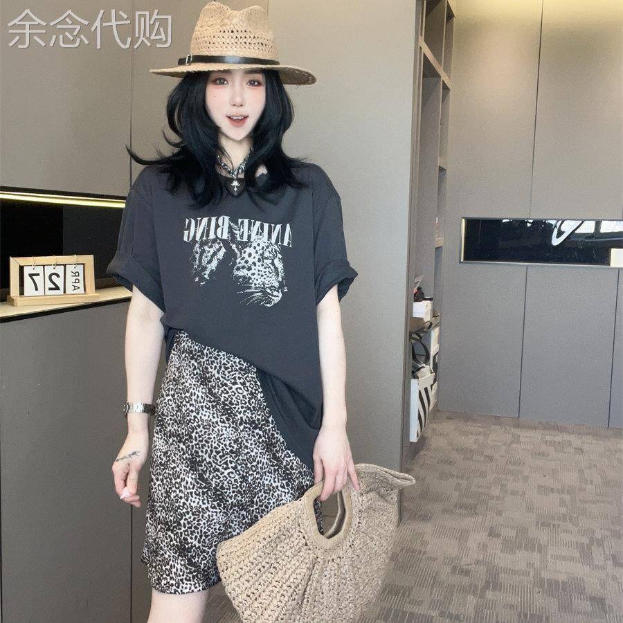 【现货】上衣半身裙套装女2026夏猎豹印花短袖T恤+豹纹短裙两件套