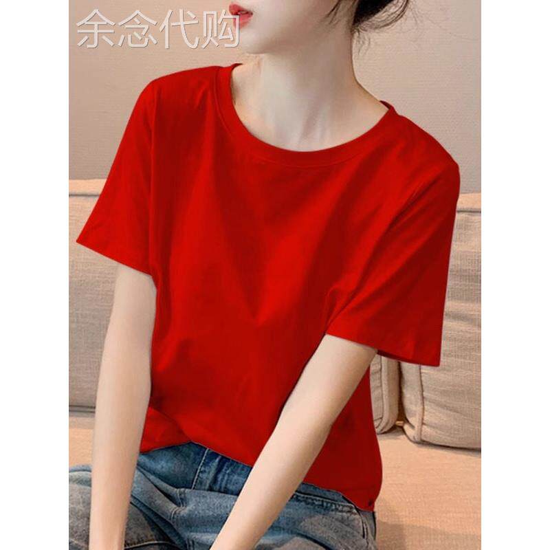 大红色纯棉短袖t恤女夏季2025新款宽松体恤圆领休闲半袖简约上衣