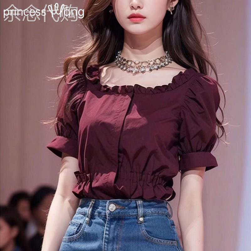 高级感荷叶边衬衫女设计感小众2025新款夏季收腰显瘦雪纺短袖上衣