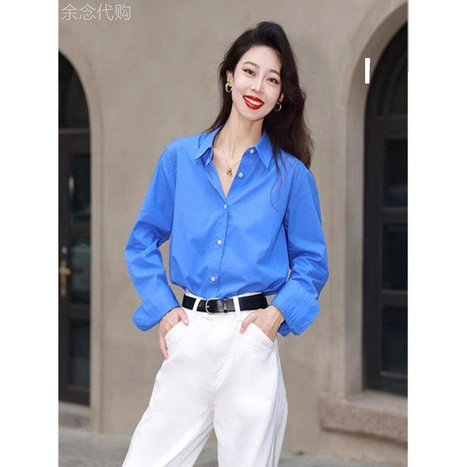 法式蓝色衬衫女2025春春季硫酸铜穿搭显白长袖衬衣叠穿POLO领上衣