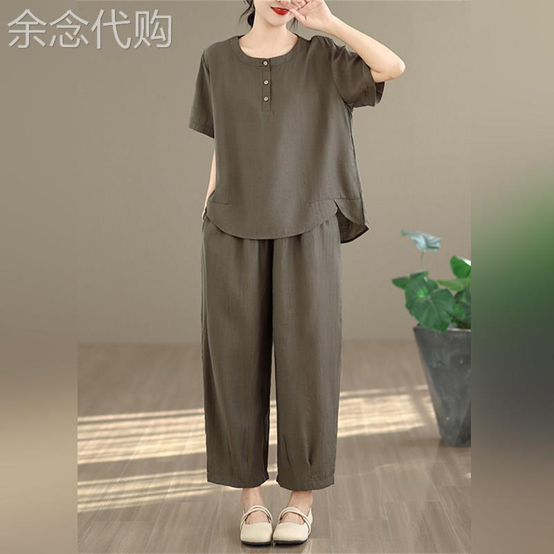 潮牌中老年妈妈短袖衬衫套装夏季女中式国风复古休闲九分裤两件套