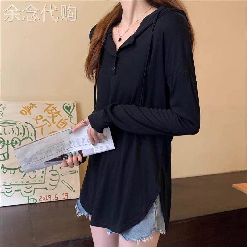潮牌大码不规则中长款连帽t恤打底衫女春秋胖mm显瘦遮肚开叉上衣