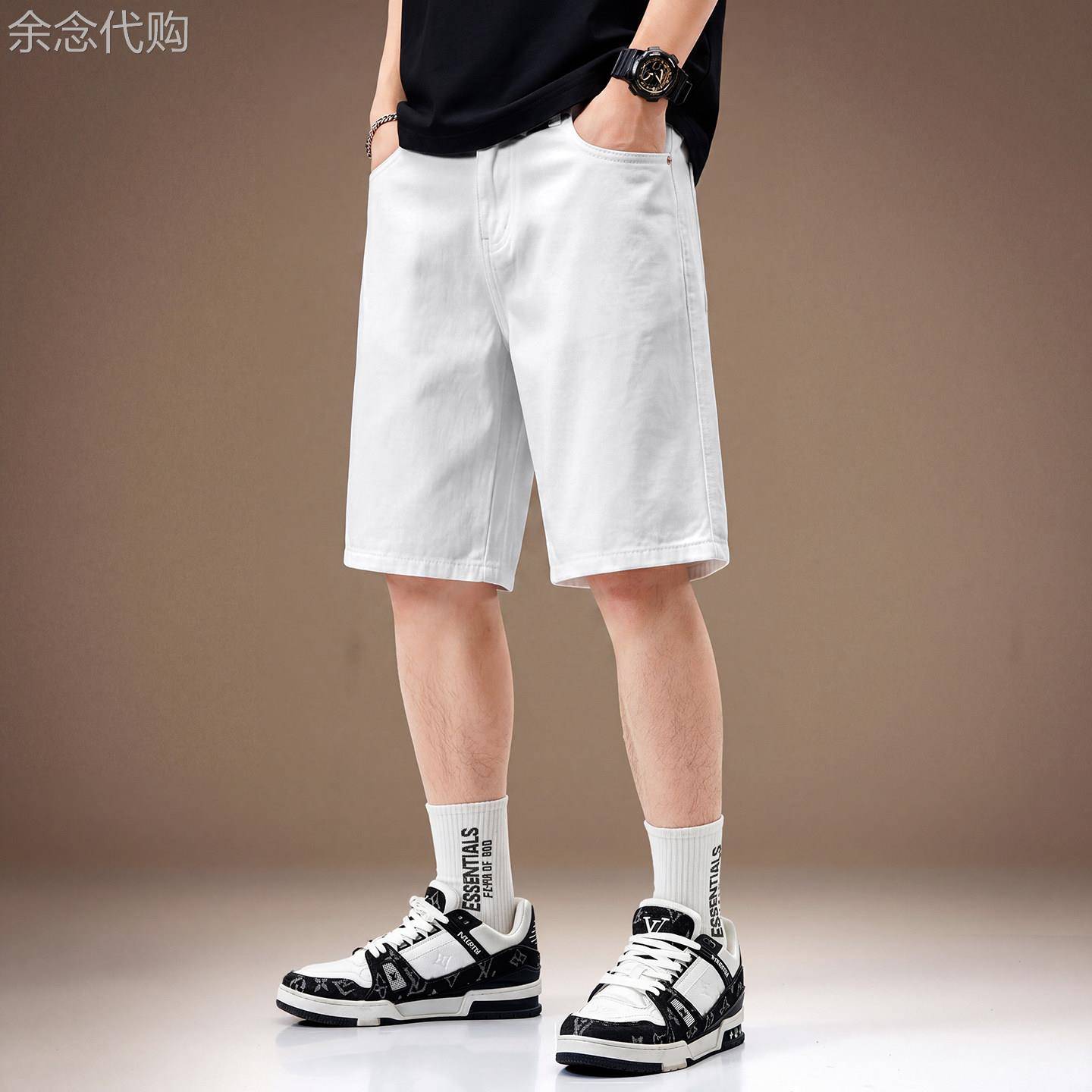 高端夏季新款竹节肌理纯棉牛仔短裤男潮牌美式重磅宽松透气五分裤