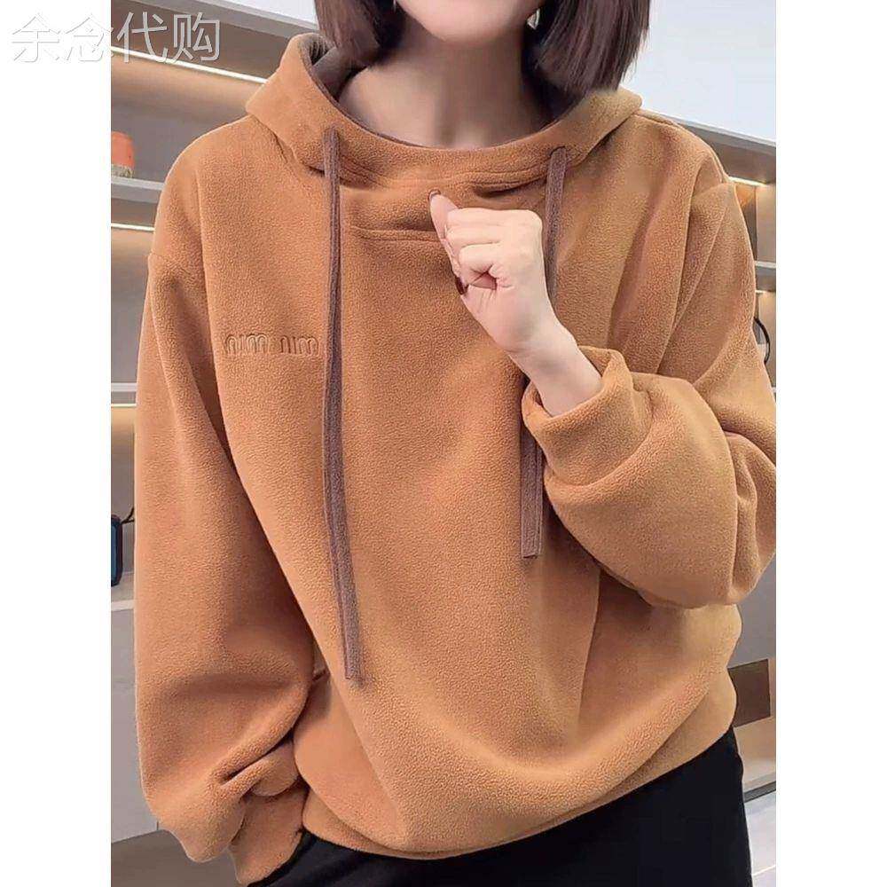 加绒加厚刺绣连帽卫衣女士秋冬2026新款宽松显瘦保暖字母减龄上衣