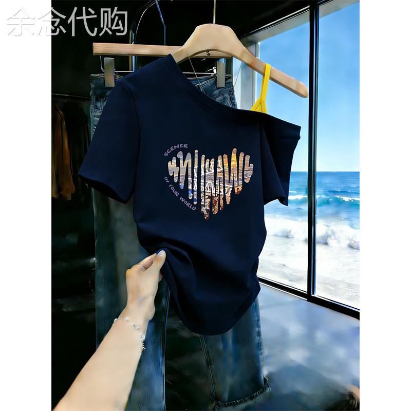宝蓝色露肩短袖T恤女士夏季欧货美式斜领字母印花高级感纯欲上衣