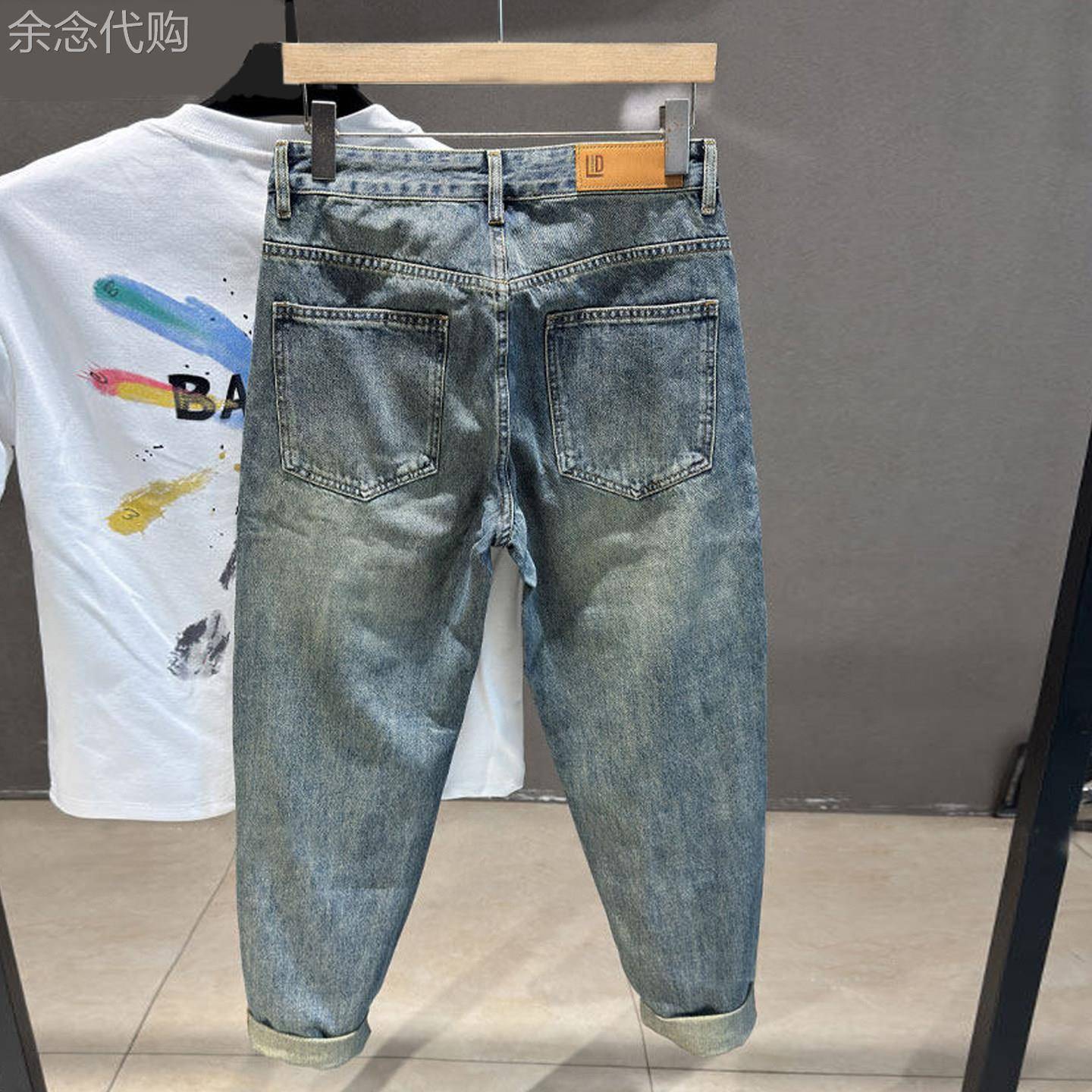 香港潮牌复古破洞补丁蓝色牛仔裤男春季宽松直筒锥形哈伦休闲长裤