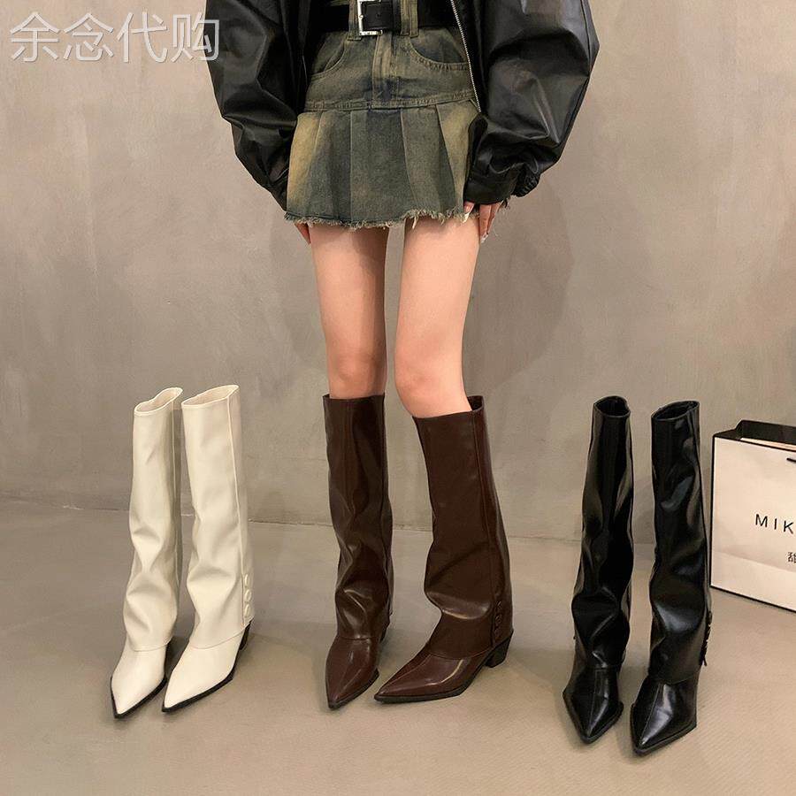 尖头粗跟棕色美拉德风靴子女款2026年新款冬季辣妹裤管长筒骑行靴