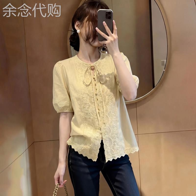 法式风黄色蕾丝拼接泡泡袖上衣女2026年夏季新款大尺码系带减龄衬