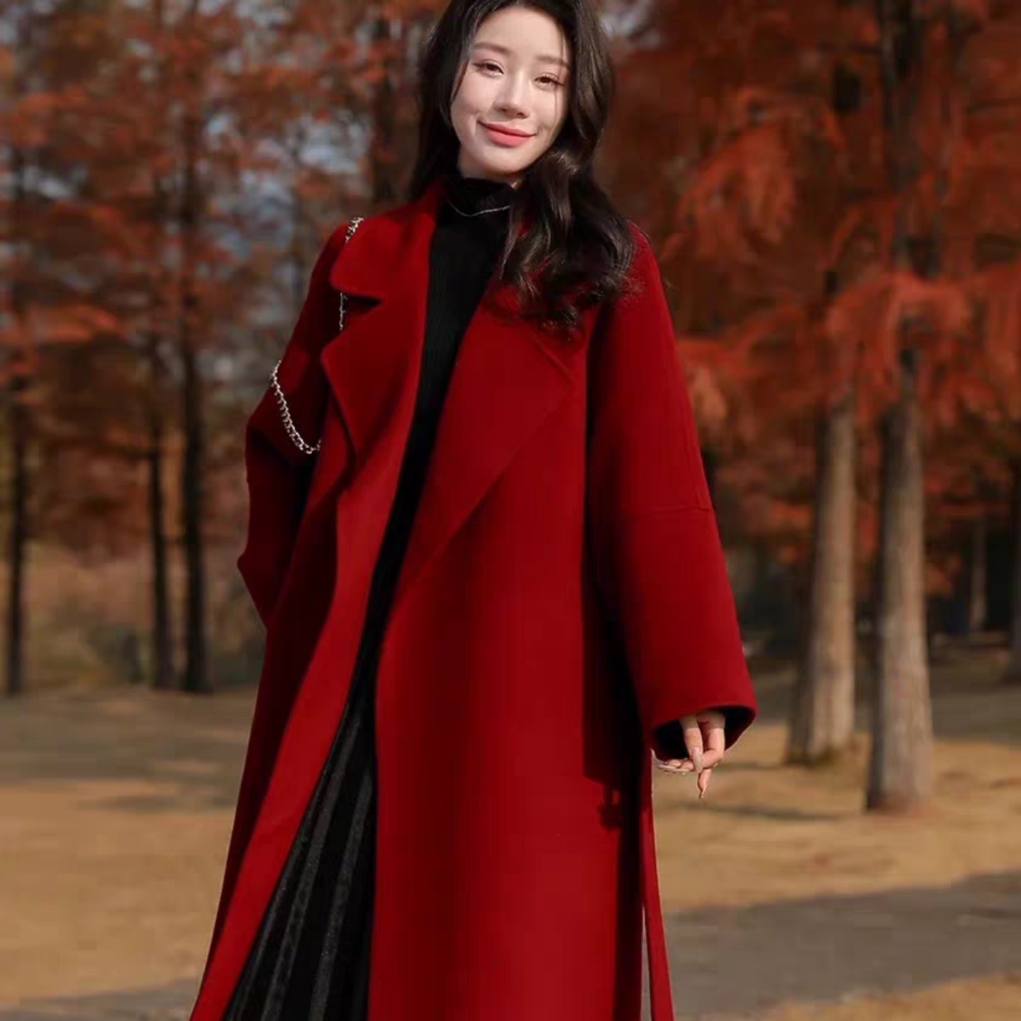 红色毛呢外套女中长款2026秋冬新款韩版高级感手工羊毛双面呢大衣