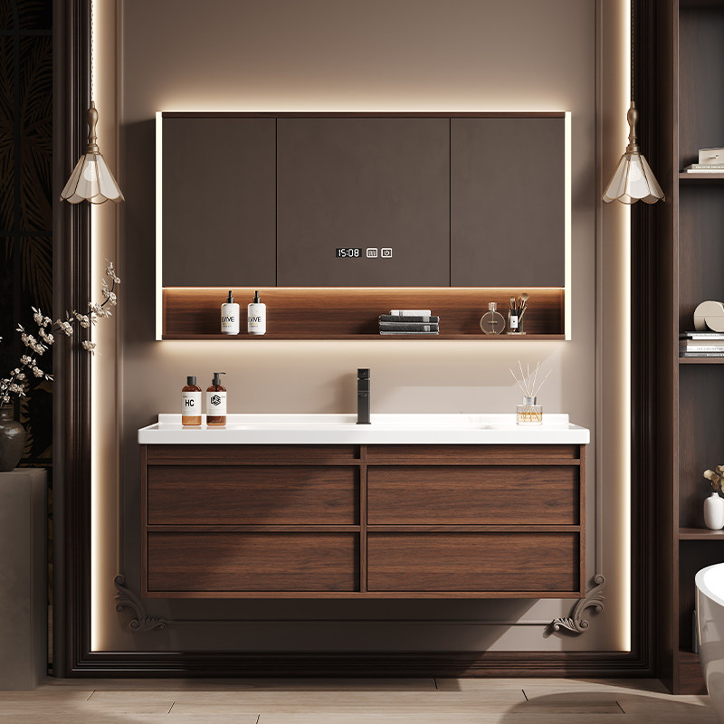 中古风胡桃木浴室柜组合卫生间陶瓷一体盆洗手洗脸轻奢洗漱台套装