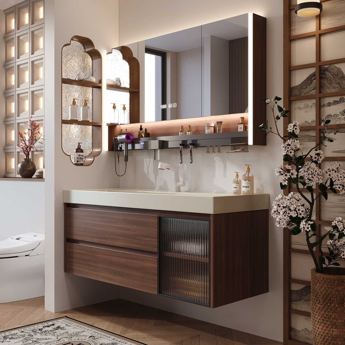 中古风胡桃木鎏金石浴室柜组合卫生间一体洗漱台洗手洗脸盆柜套装