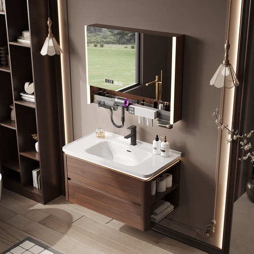 小户型中古风胡桃木浴室柜一体盆