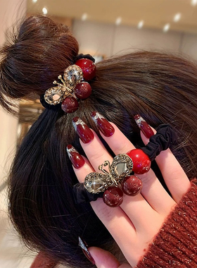 安可拉红色蝴蝶水钻小肠发圈头绳女高端高弹力马尾发绳橡皮筋头饰