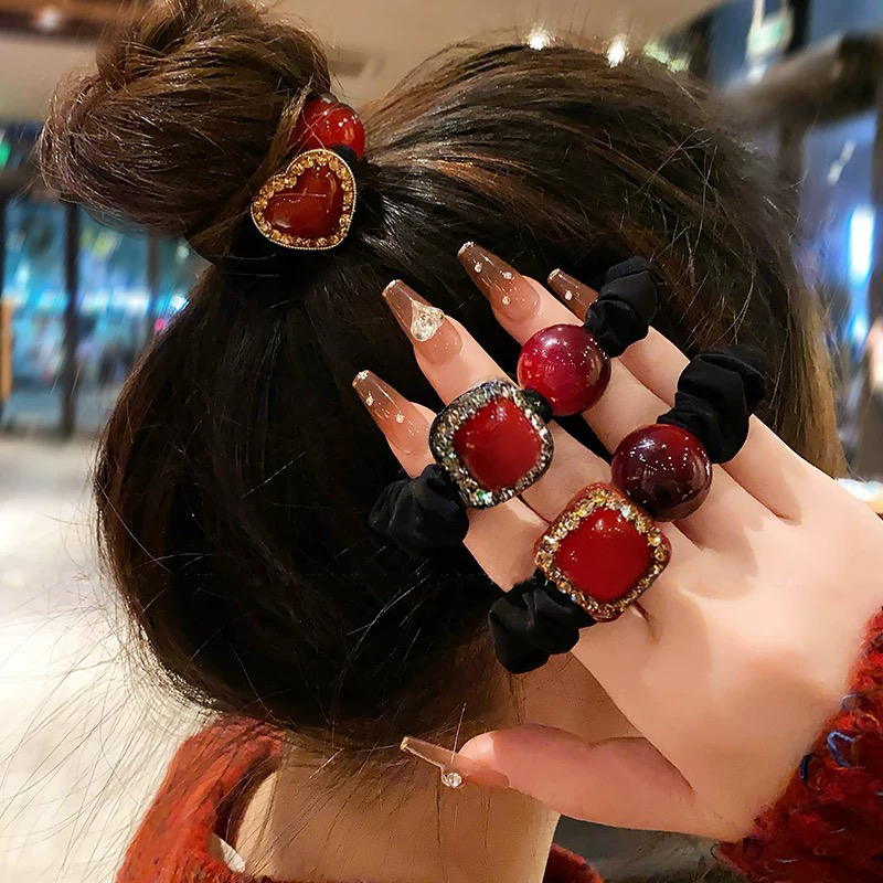 新年红色珠珠发圈头绳女高马尾