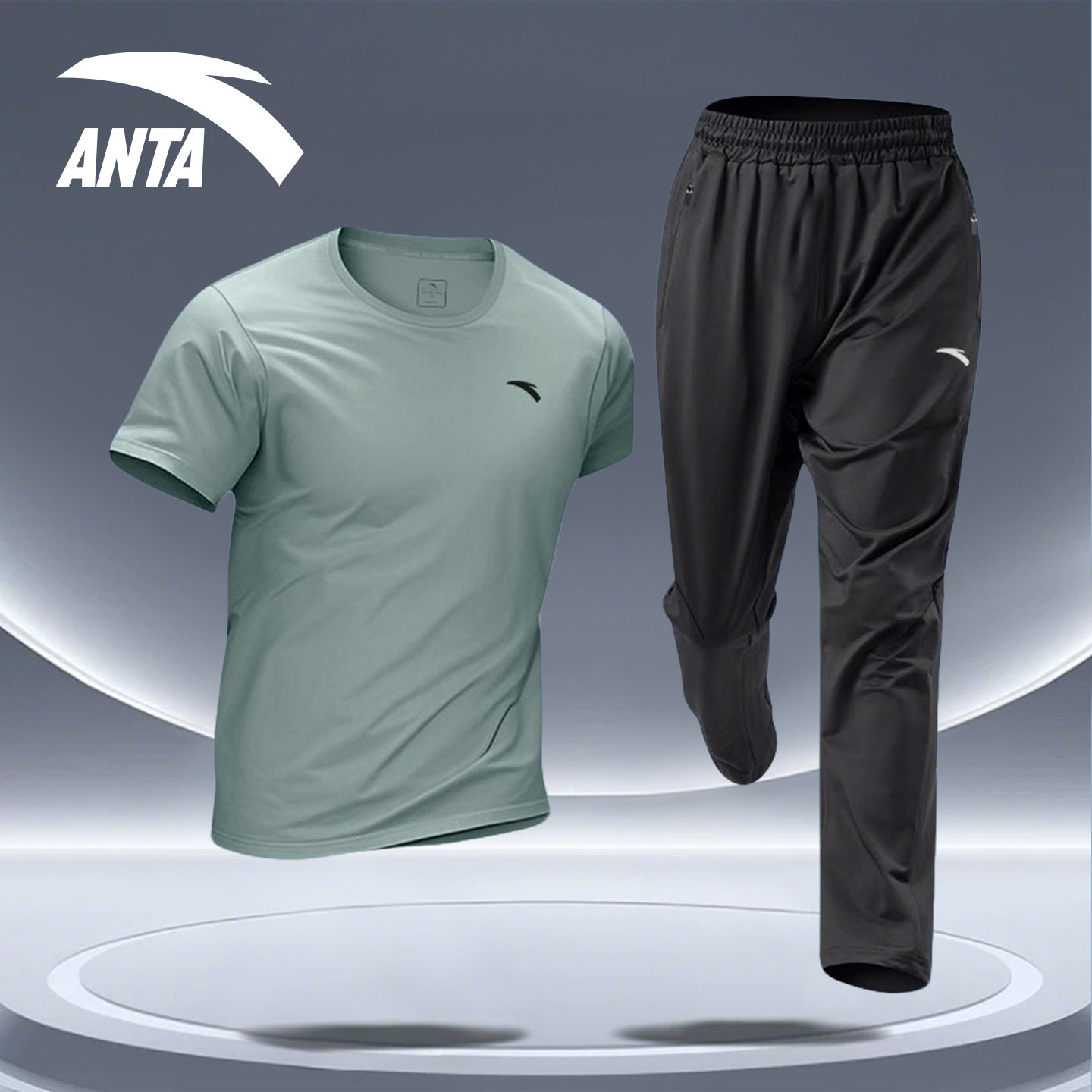 安踏跑步套装男士2026新款夏季薄款速干短袖t恤长裤休闲运动服男