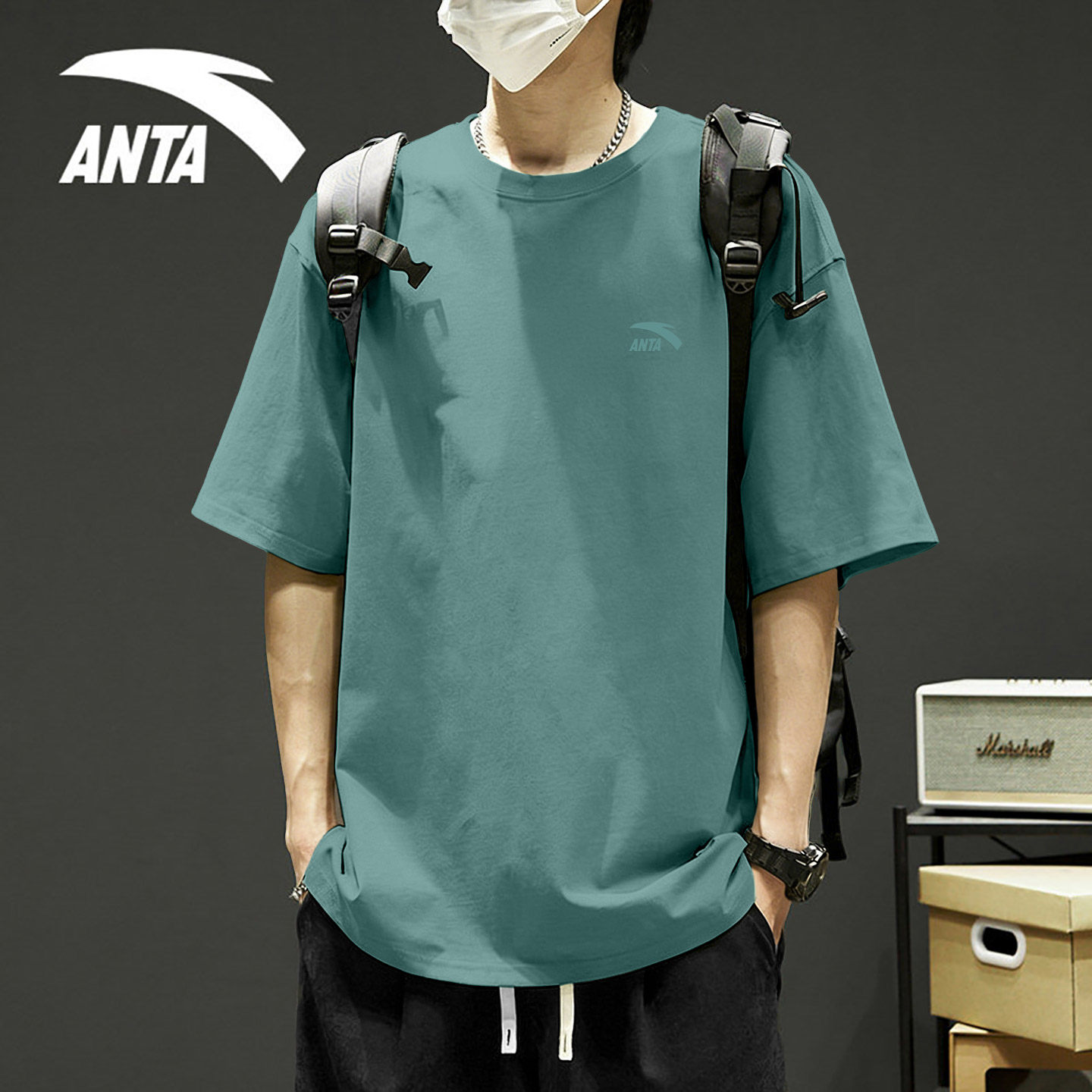 安踏短袖t恤男款2026新款夏季绿色休闲运动服宽松大码半袖上衣男