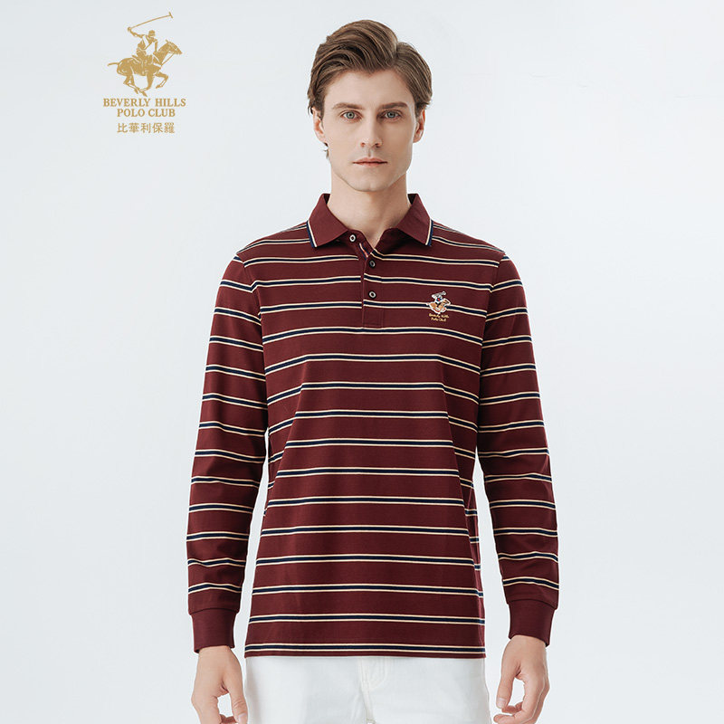 比华利保罗秋冬新款男士复古条纹纯棉舒适长袖polo衫