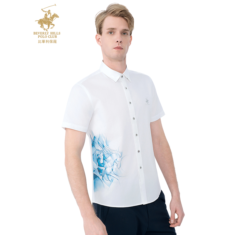 比华利保罗夏季新款男士短袖衬衫时尚闪亮logo纯棉衬衣