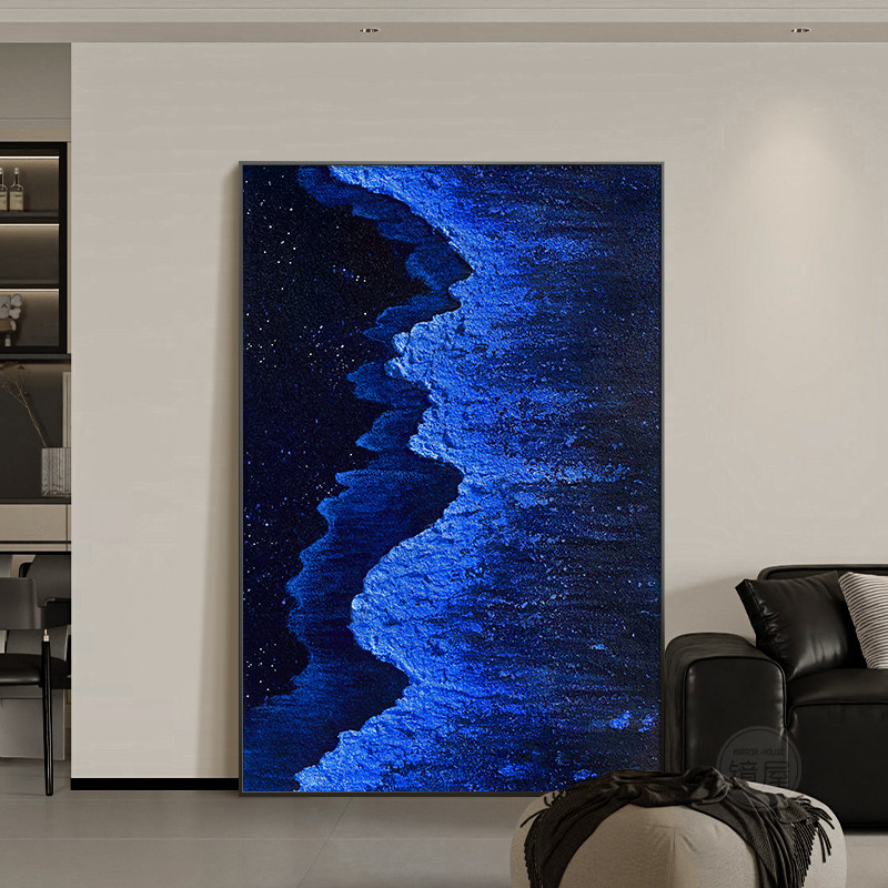 轻奢高级感客厅装饰画蓝色海浪抽象油画肌理大白墙沙发背景墙挂画