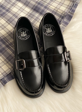 现货栗原熊小皮鞋女中跟搭扣jk鞋子学生黑百搭日系学院制服/6504