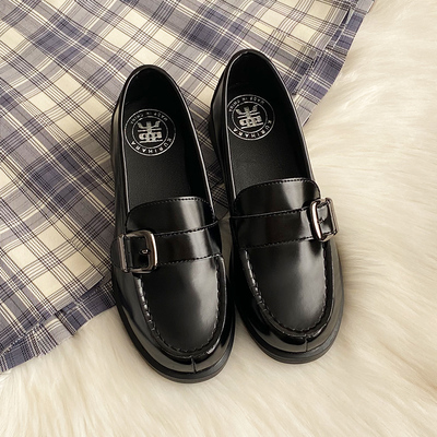 现货栗原熊小皮鞋女中跟搭扣jk鞋子学生黑百搭日系学院制服鞋6504