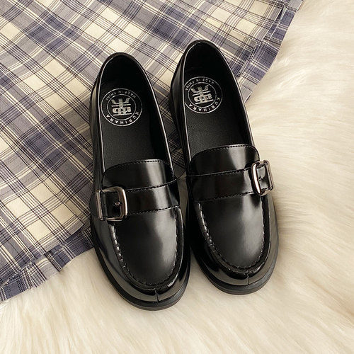 现货栗原熊小皮鞋女中跟搭扣jk鞋子学生黑百搭日系学院制服/6504