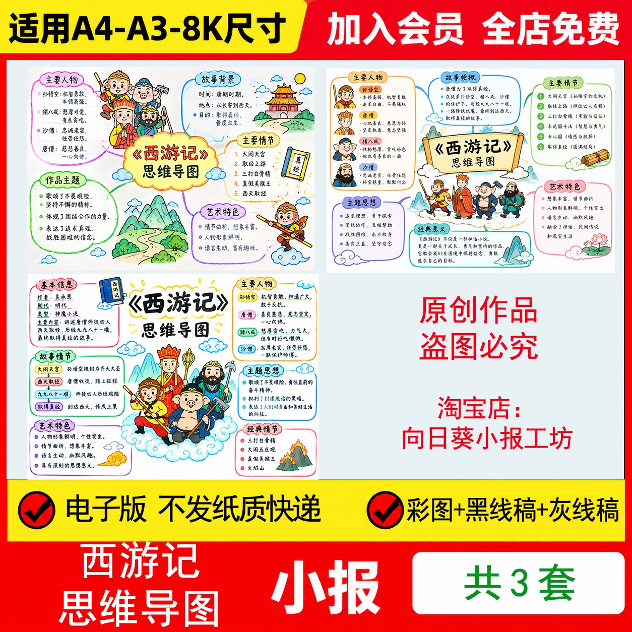 西游记思维导图手抄报电子模板名著好书推荐课外必读线稿手绘模板