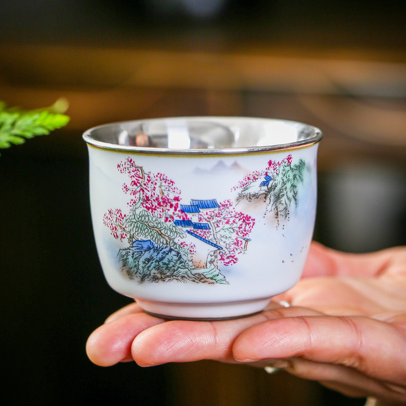 纯银999银杯子水杯陶瓷包银功夫茶具品茗杯主人杯女中式汝窑茶杯