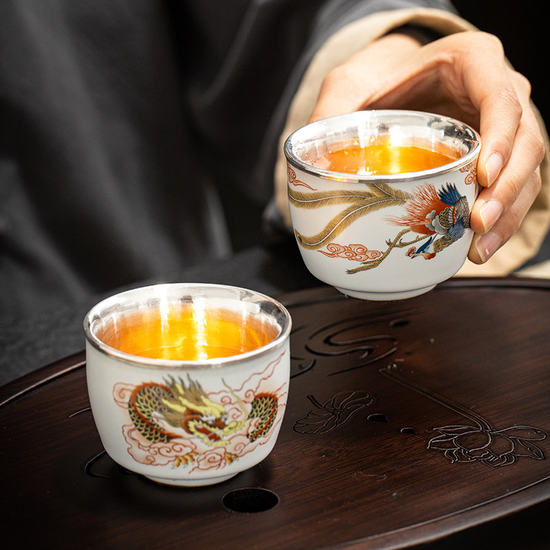 银杯子999包银茶杯功夫茶具杯子高端汝窑开片可养个人单杯品茗杯