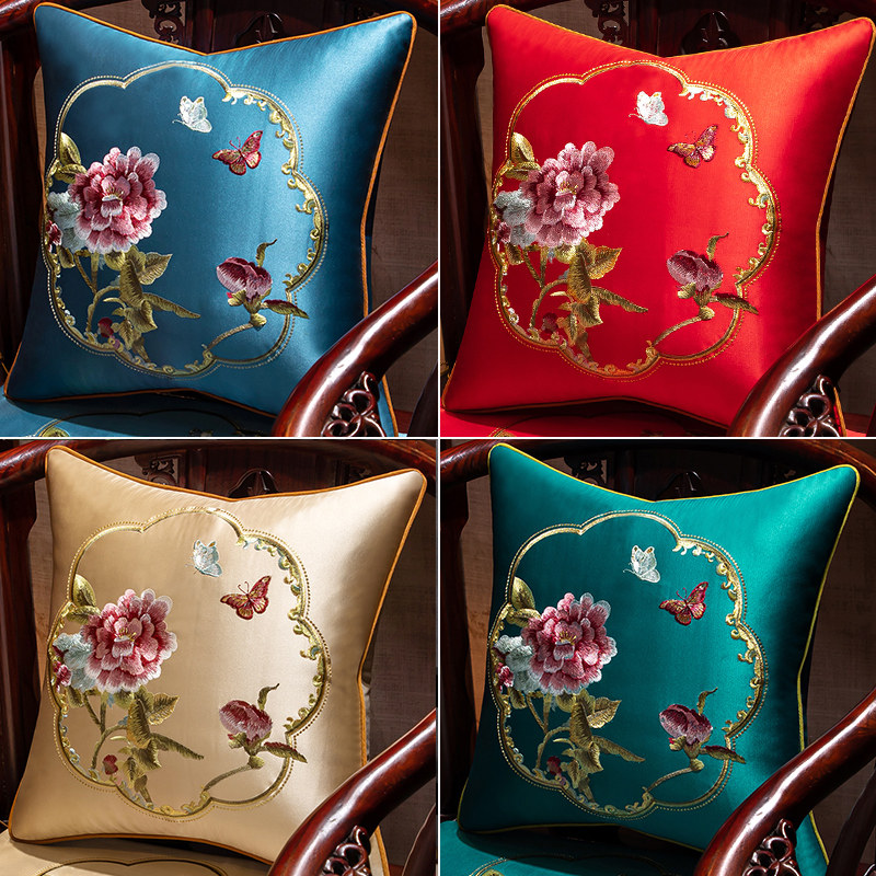新中式抱枕古典刺绣花沙发靠背床头靠包大号靠枕腰枕含芯靠垫定做