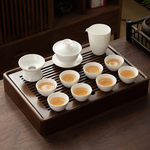功夫 德化陶瓷茶具套装 泡茶专用喝茶家用高档轻奢盖碗羊脂玉描金