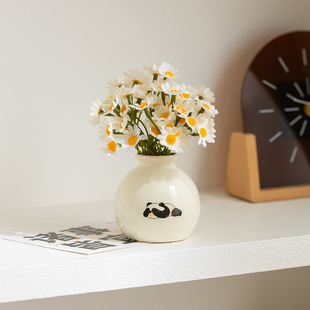 德化陶瓷奶油陶瓷花瓶干花假花客厅办公室桌面迷你家居装 饰品小摆
