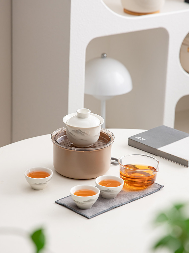 德化陶瓷【快客杯】水墨远山1壶3杯/旅行茶具/一体收纳/便携随身