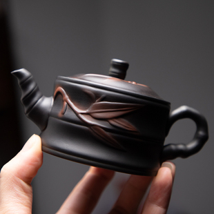 竹节壶 德化陶瓷 复古竹叶 素烧 大容量 单茶壶满200ml紫陶哑光