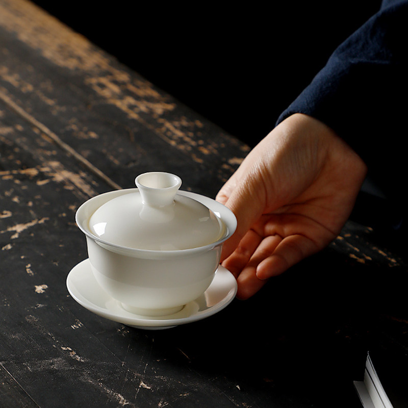 德化陶瓷【单盖碗满150ml纯白亮白】羊脂玉透明釉 10号知音三才中